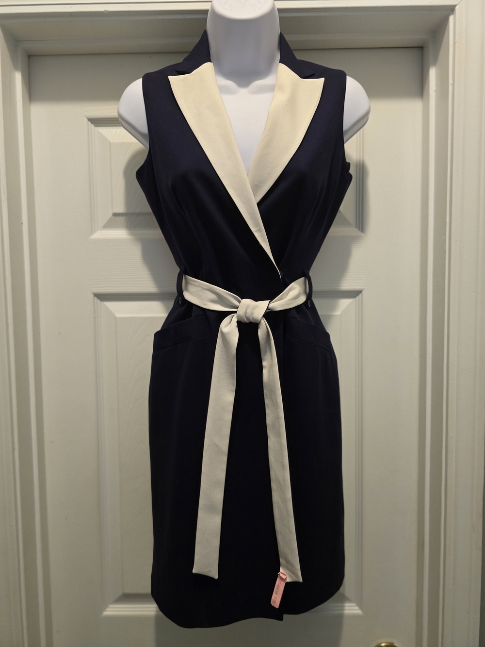 Calvin Klein Navy Dress with Cream Lapel and Tie